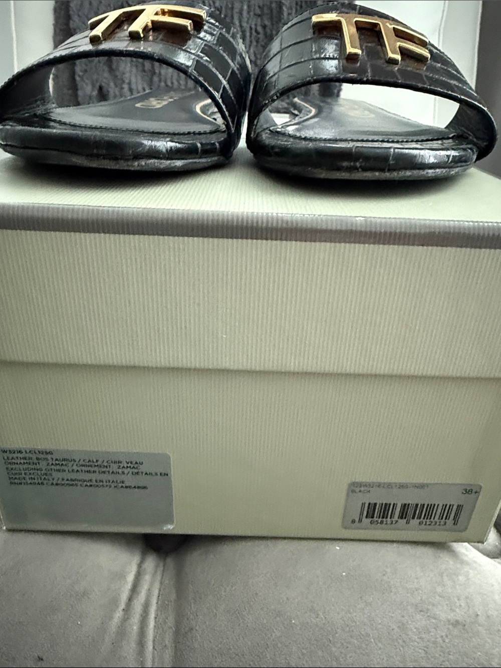 Tom Ford Black Croc-Embossed Slide Sandals with Gold TF Logo - Picture 4 of 14
